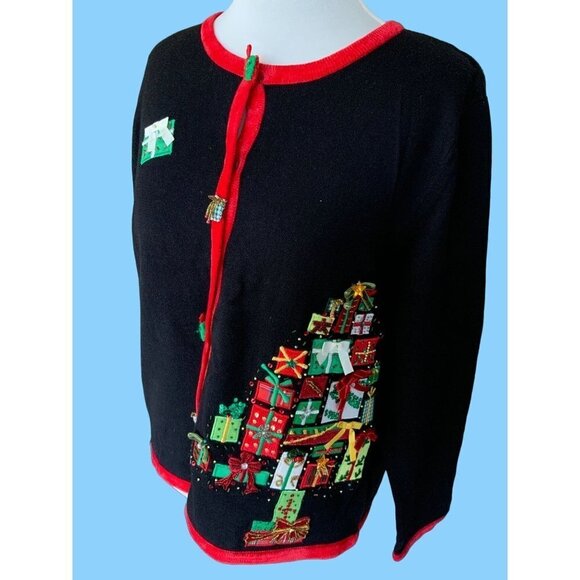 BEREK LADIES VINTAGE LS BLACK CHRISTMAS PACKAGE CARDIGAN SWEATER EUC L - Picture 1 of 6